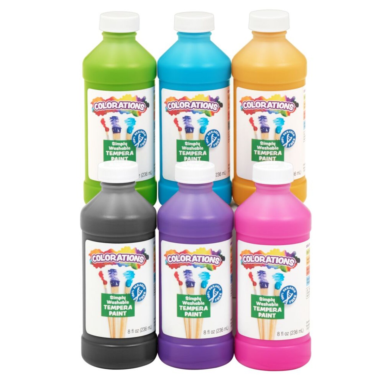 Colorations Paraben-Free Washable Tempera Paint for Kids - 8 Ounce Bottles, Set of 6 Colors, Non-Toxic and Made in the USA